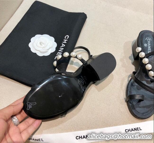 Cheap Design Chanel Lambskin Pearl Sandals G37272 Black 2021