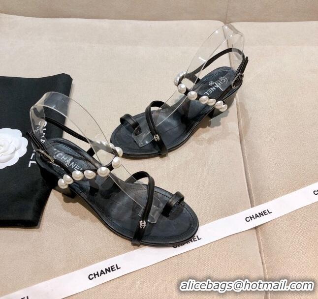 Cheap Design Chanel Lambskin Pearl Sandals G37272 Black 2021