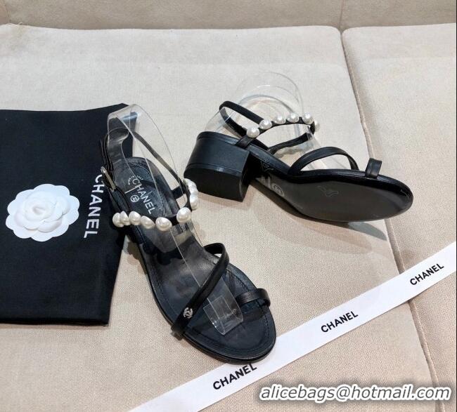 Cheap Design Chanel Lambskin Pearl Sandals G37272 Black 2021