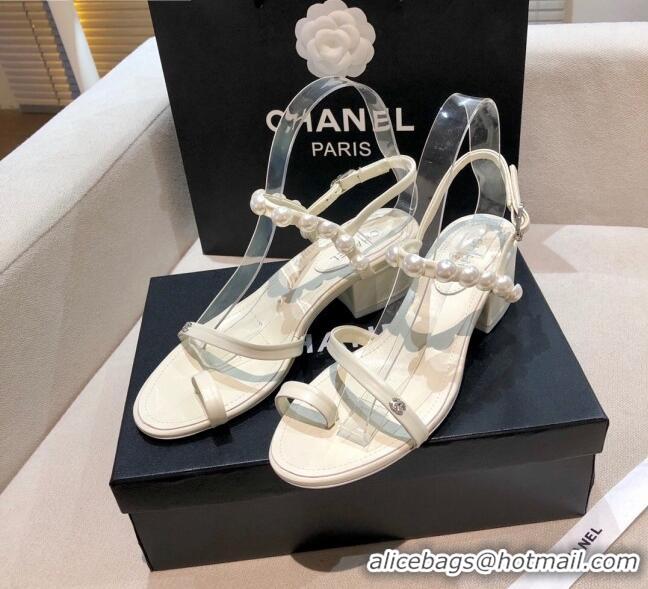 Low Cost Chanel Lambskin Pearl Sandals G37272 White 2021