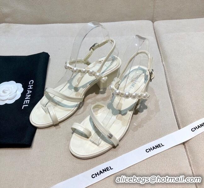 Low Cost Chanel Lambskin Pearl Sandals G37272 White 2021