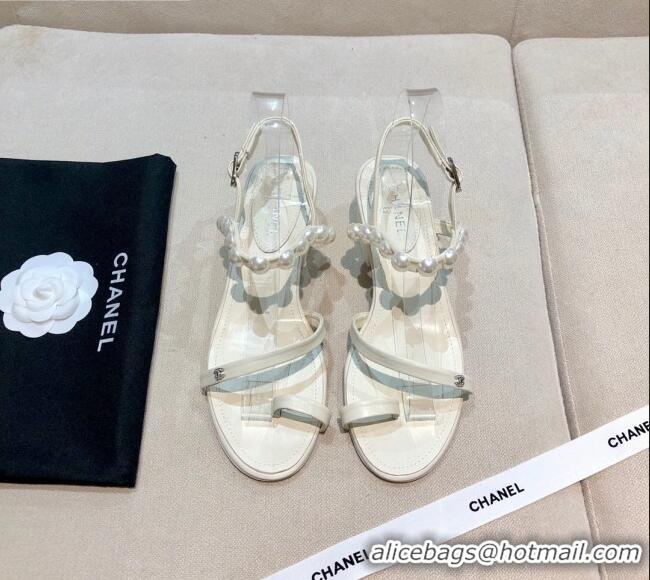 Low Cost Chanel Lambskin Pearl Sandals G37272 White 2021