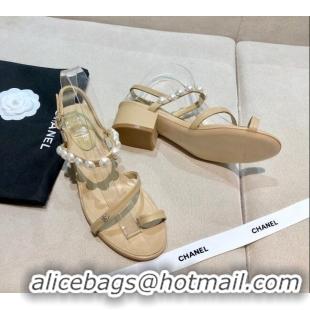 New Fashion Chanel Lambskin Pearl Sandals G37272 Apricot 2021