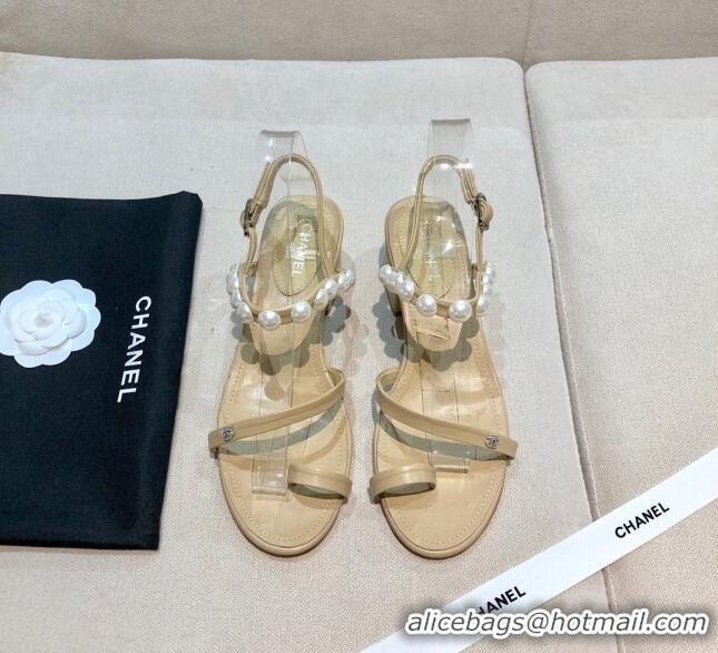 New Fashion Chanel Lambskin Pearl Sandals G37272 Apricot 2021