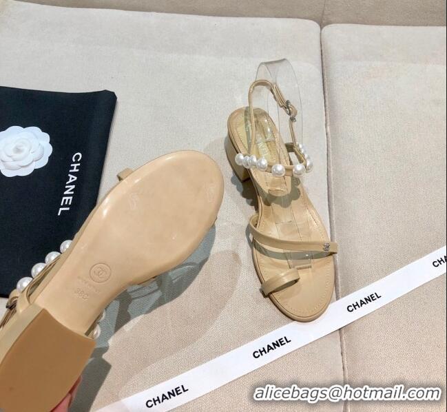 New Fashion Chanel Lambskin Pearl Sandals G37272 Apricot 2021