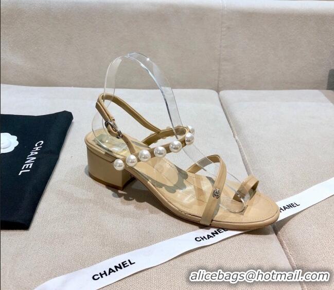 New Fashion Chanel Lambskin Pearl Sandals G37272 Apricot 2021