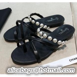 Best Price Chanel Lambskin Pearl Flat Slide Sandals G37274 Black 2021