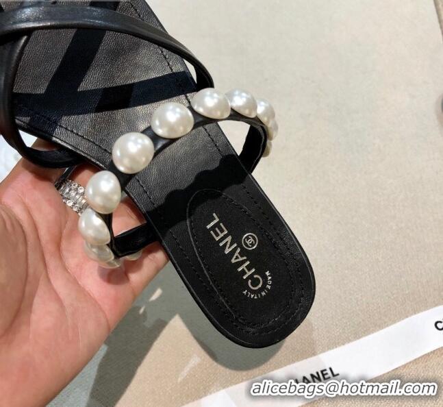 Best Price Chanel Lambskin Pearl Flat Slide Sandals G37274 Black 2021