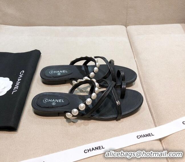 Best Price Chanel Lambskin Pearl Flat Slide Sandals G37274 Black 2021