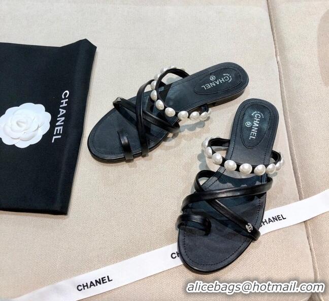 Best Price Chanel Lambskin Pearl Flat Slide Sandals G37274 Black 2021