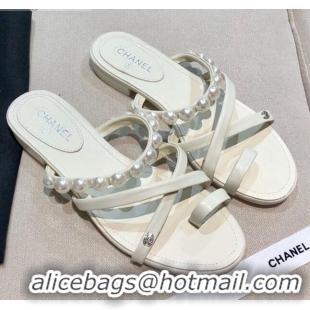 Modern Chanel Lambskin Pearl Flat Slide Sandals G37274 White 2021