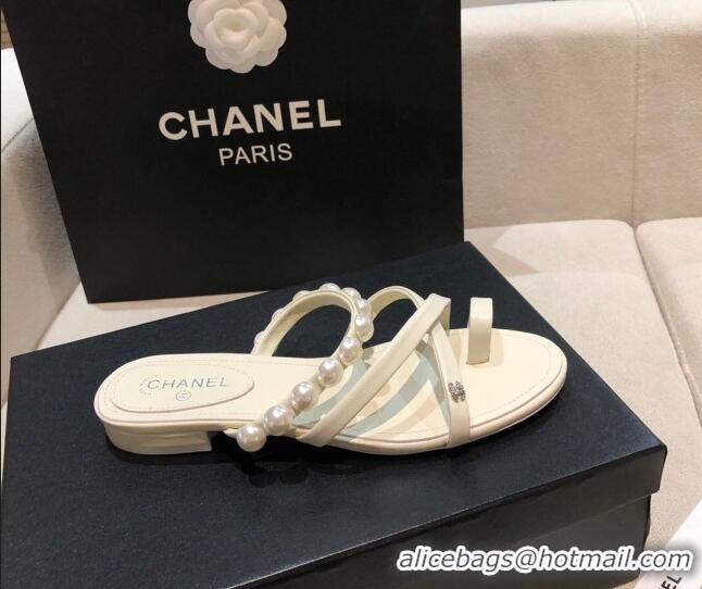 Modern Chanel Lambskin Pearl Flat Slide Sandals G37274 White 2021