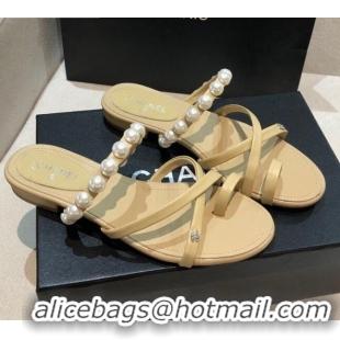 Fashion Chanel Lambskin Pearl Flat Slide Sandals G37274 Apricot 2021