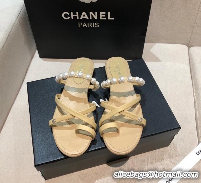 Fashion Chanel Lambskin Pearl Flat Slide Sandals G37274 Apricot 2021