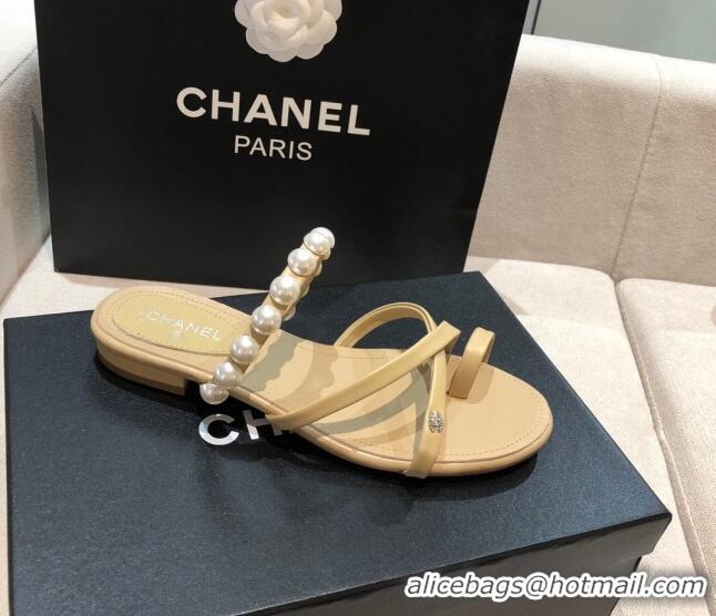 Fashion Chanel Lambskin Pearl Flat Slide Sandals G37274 Apricot 2021