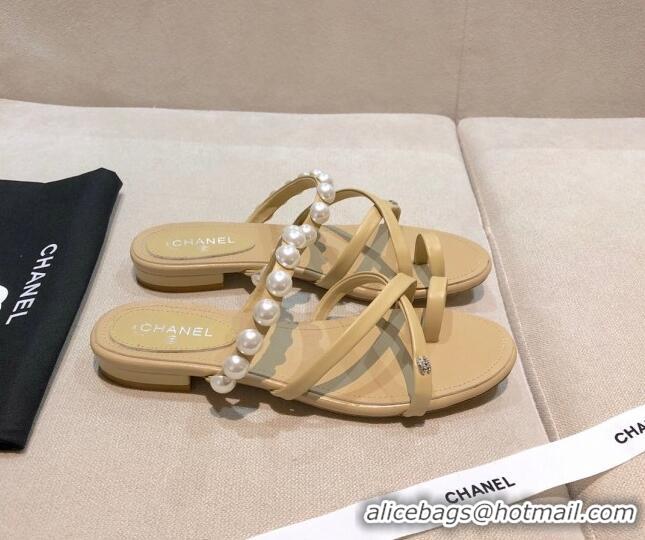 Fashion Chanel Lambskin Pearl Flat Slide Sandals G37274 Apricot 2021