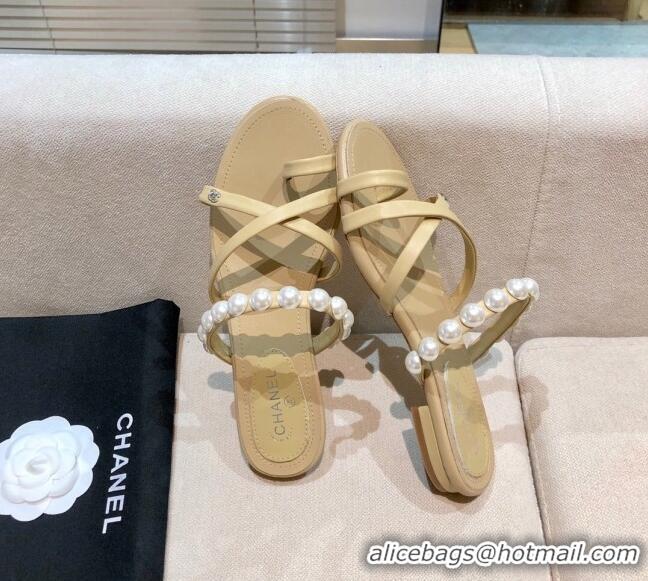 Fashion Chanel Lambskin Pearl Flat Slide Sandals G37274 Apricot 2021