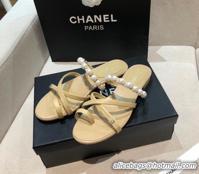 Fashion Chanel Lambskin Pearl Flat Slide Sandals G37274 Apricot 2021