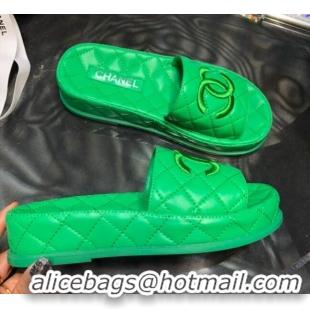 Discount Chanel Lambskin Platform Flat Slide Sandals G36901 Green 2021