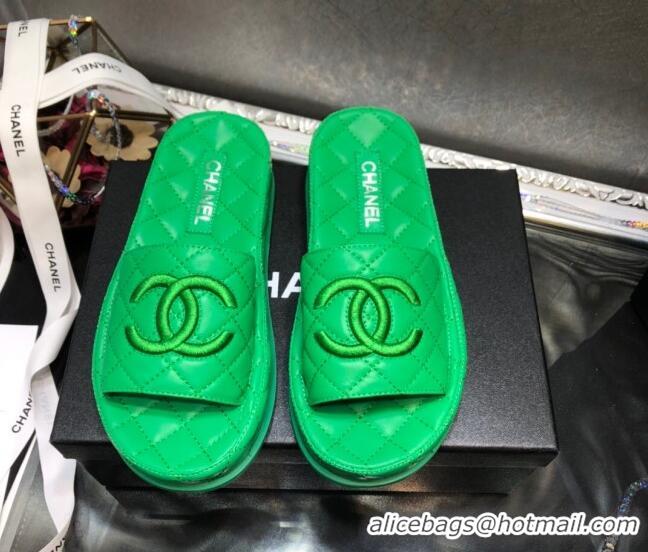 Discount Chanel Lambskin Platform Flat Slide Sandals G36901 Green 2021