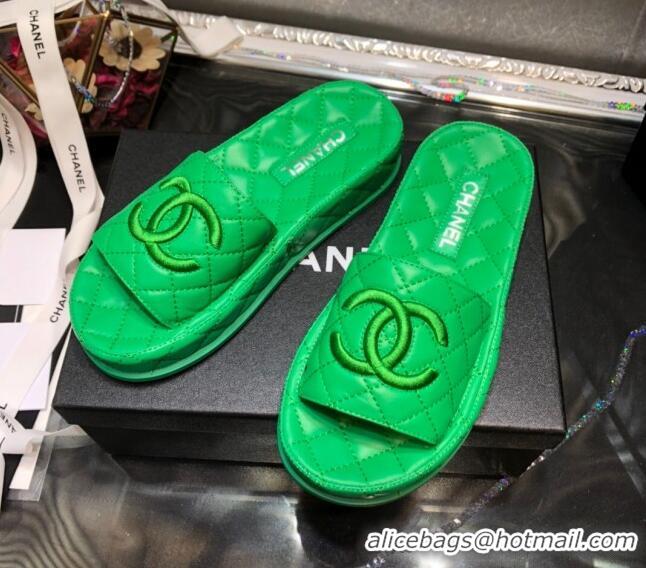 Discount Chanel Lambskin Platform Flat Slide Sandals G36901 Green 2021