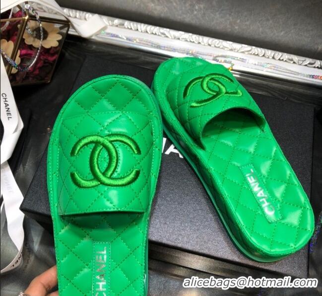 Discount Chanel Lambskin Platform Flat Slide Sandals G36901 Green 2021