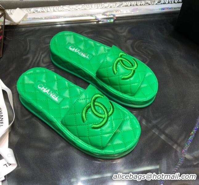 Discount Chanel Lambskin Platform Flat Slide Sandals G36901 Green 2021