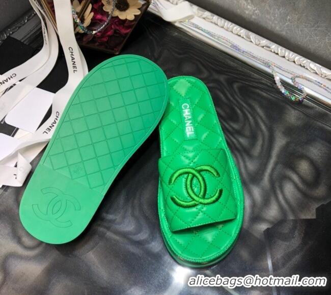 Discount Chanel Lambskin Platform Flat Slide Sandals G36901 Green 2021