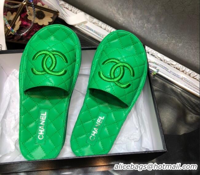 Discount Chanel Lambskin Platform Flat Slide Sandals G36901 Green 2021