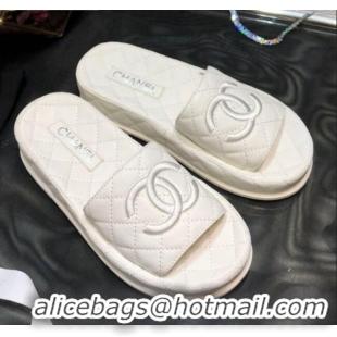 Discount Design Chanel Lambskin Platform Flat Slide Sandals G36901 White 2021