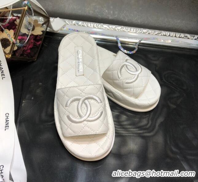 Discount Design Chanel Lambskin Platform Flat Slide Sandals G36901 White 2021