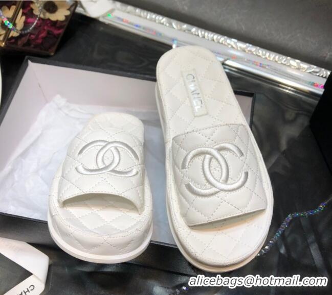 Discount Design Chanel Lambskin Platform Flat Slide Sandals G36901 White 2021