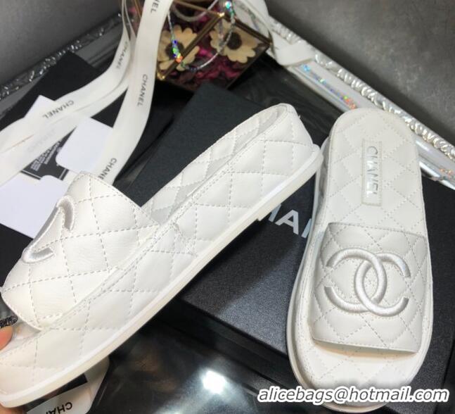 Discount Design Chanel Lambskin Platform Flat Slide Sandals G36901 White 2021