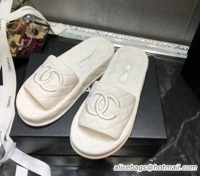 Discount Design Chanel Lambskin Platform Flat Slide Sandals G36901 White 2021