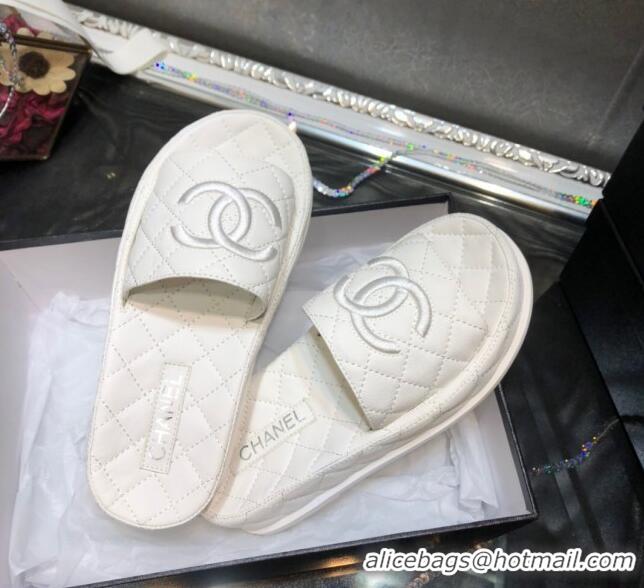 Discount Design Chanel Lambskin Platform Flat Slide Sandals G36901 White 2021