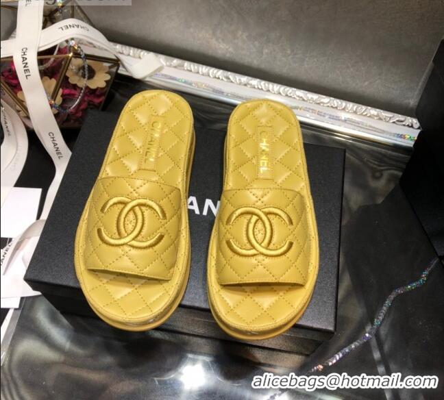 Best Price Chanel Lambskin Platform Flat Slide Sandals G36901 Yellow 2021