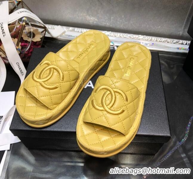 Best Price Chanel Lambskin Platform Flat Slide Sandals G36901 Yellow 2021