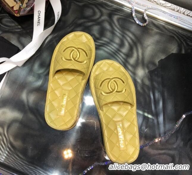 Best Price Chanel Lambskin Platform Flat Slide Sandals G36901 Yellow 2021