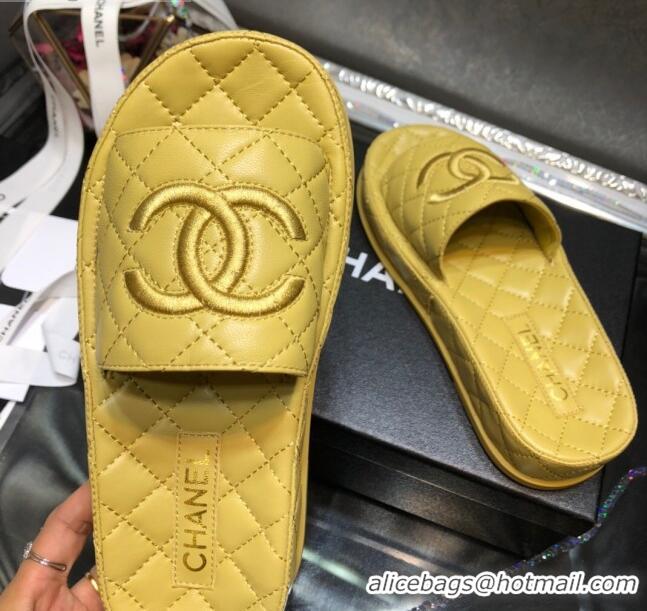 Best Price Chanel Lambskin Platform Flat Slide Sandals G36901 Yellow 2021