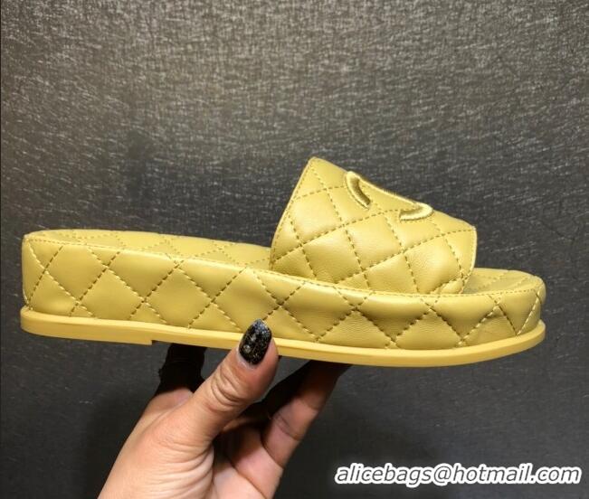 Best Price Chanel Lambskin Platform Flat Slide Sandals G36901 Yellow 2021