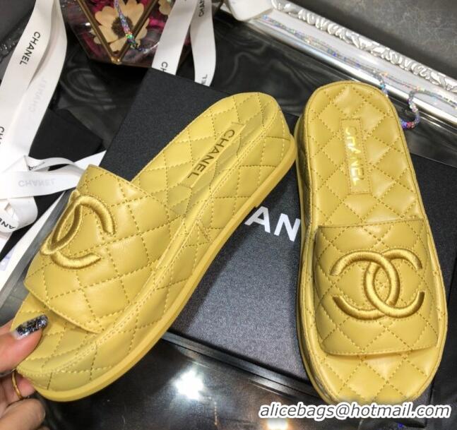 Best Price Chanel Lambskin Platform Flat Slide Sandals G36901 Yellow 2021