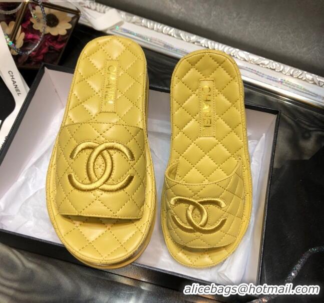 Best Price Chanel Lambskin Platform Flat Slide Sandals G36901 Yellow 2021