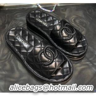 Most Popular Chanel Lambskin Platform Flat Slide Sandals G36901 Black 2021