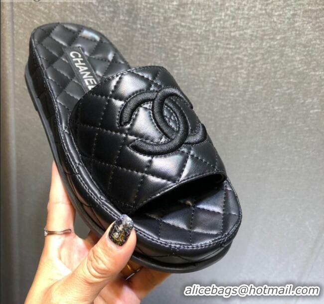 Most Popular Chanel Lambskin Platform Flat Slide Sandals G36901 Black 2021