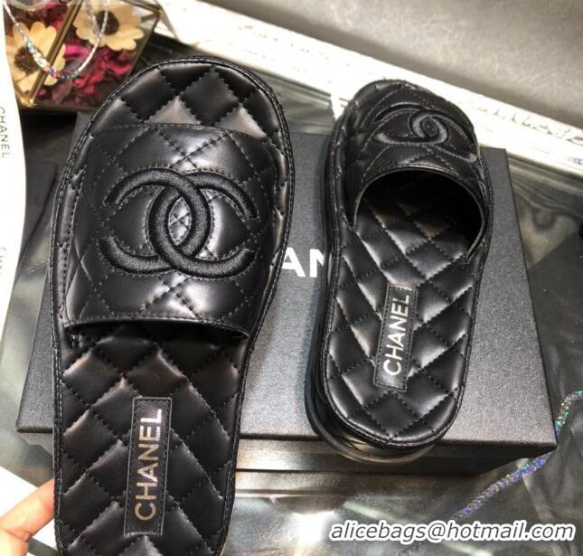 Most Popular Chanel Lambskin Platform Flat Slide Sandals G36901 Black 2021