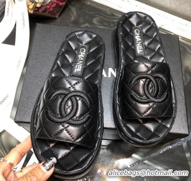 Most Popular Chanel Lambskin Platform Flat Slide Sandals G36901 Black 2021