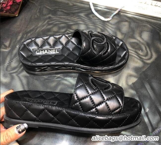 Most Popular Chanel Lambskin Platform Flat Slide Sandals G36901 Black 2021