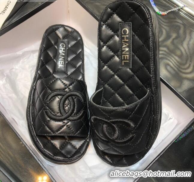 Most Popular Chanel Lambskin Platform Flat Slide Sandals G36901 Black 2021