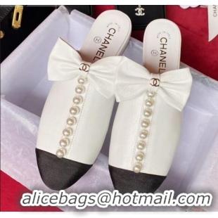 Lower Price Chanel Wax Calfskin Flat Mules with Pearl and Bow White 331100