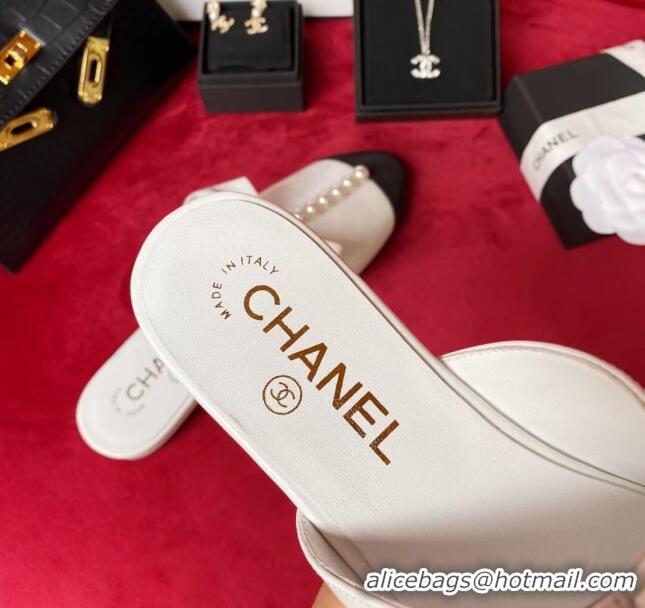 Lower Price Chanel Wax Calfskin Flat Mules with Pearl and Bow White 331100